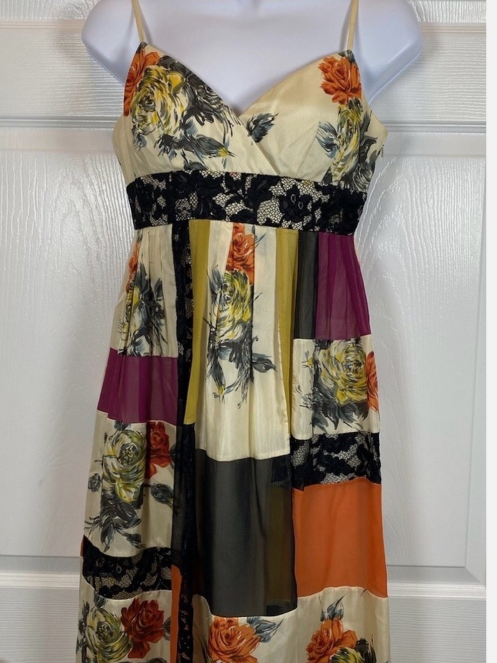 Boston Proper Muse Collection Cream Spaghetti-Strap Patchwork Mini - Picture 4 of 10